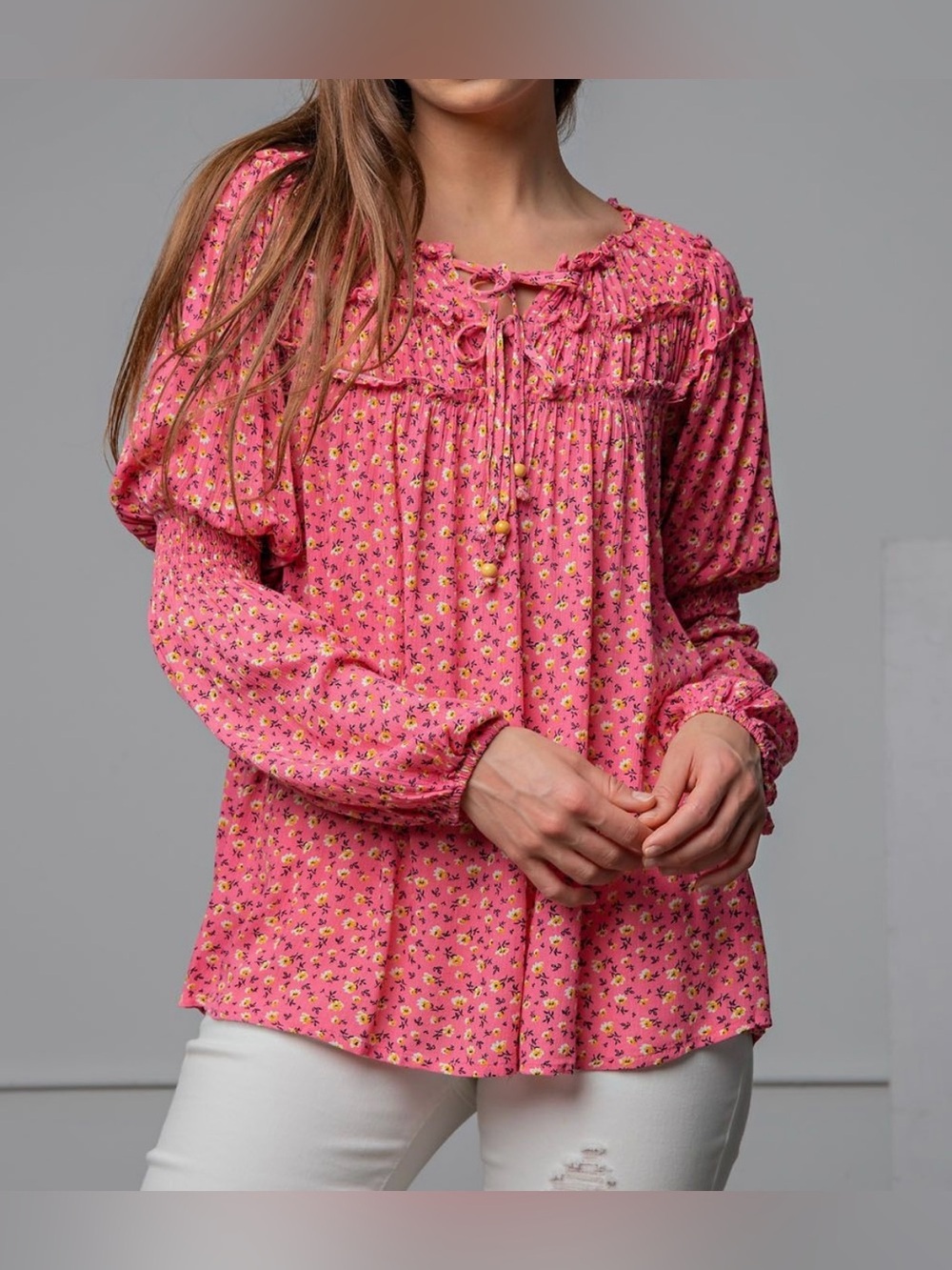 Easel Pink and Yellow Floral Long Balloon Sleeve Blouse - Size L NWT
